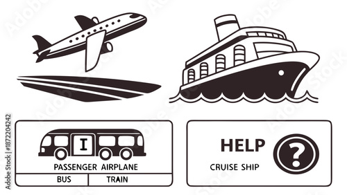 Transportation Icons Airplane Cruise Ship Bus and Train.