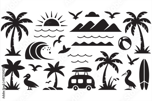 Tropical Beach Vacation Icons for Travel Branding and Tourism Posters