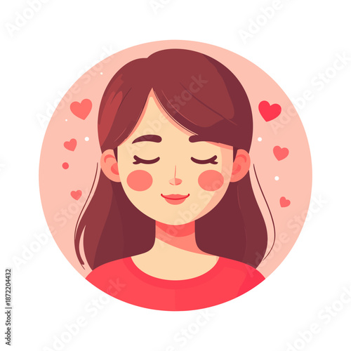 Smiling Woman with Closed Eyes Surrounded by Hearts in Flat Illustration