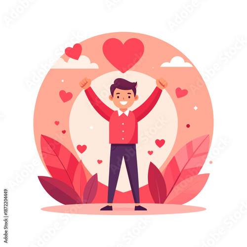 Happy Man Celebrating Love with Raised Arms and Hearts Illustration