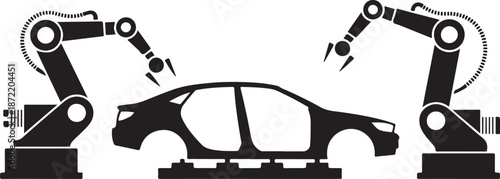 Robotic Arms Assembling Car Body on White Background