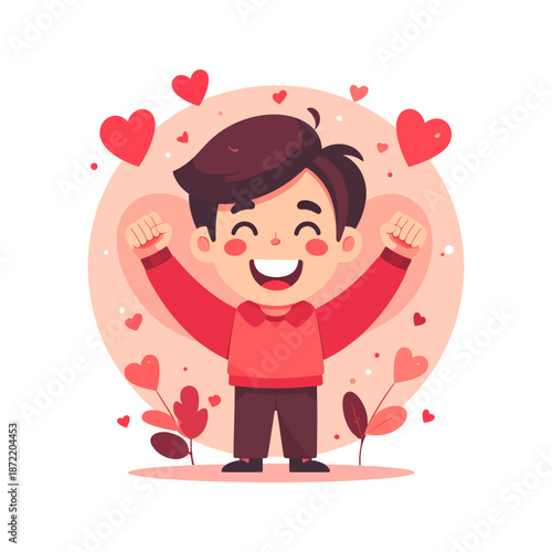 Joyful Boy Celebrating with Raised Fists Amidst Floating Hearts