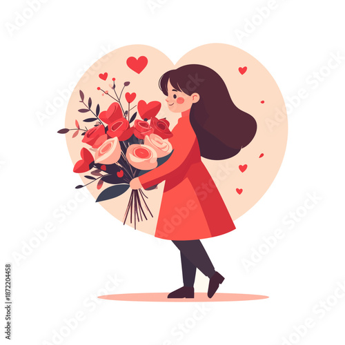 Smiling Young Woman Walking with a Beautiful Bouquet of Roses and Heart Flowers