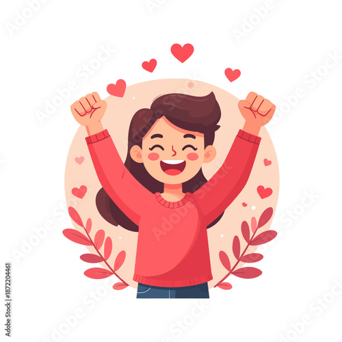Cheerful Young Woman Celebrating with Raised Fists and Hearts