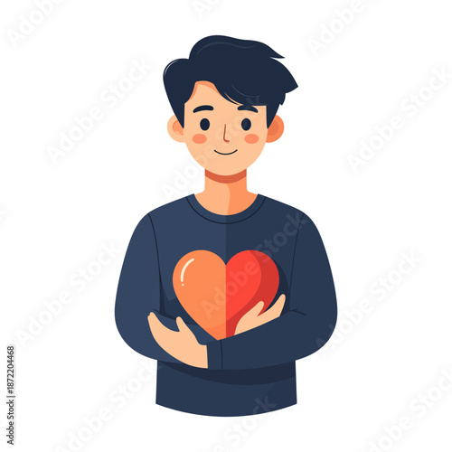 Smiling Young Man in a Blue Sweater Embracing a Two tone Heart