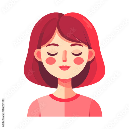 Smiling Woman with Red Hair and Closed Eyes in Flat Vector Style