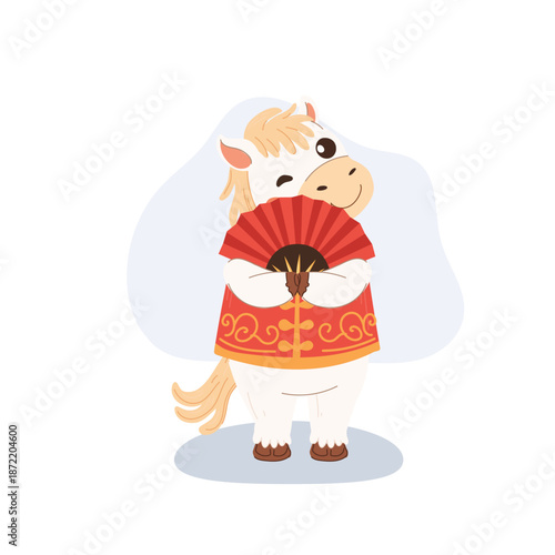 cute white horse winking while holding a red chinese folding fan celebrating chinese new year