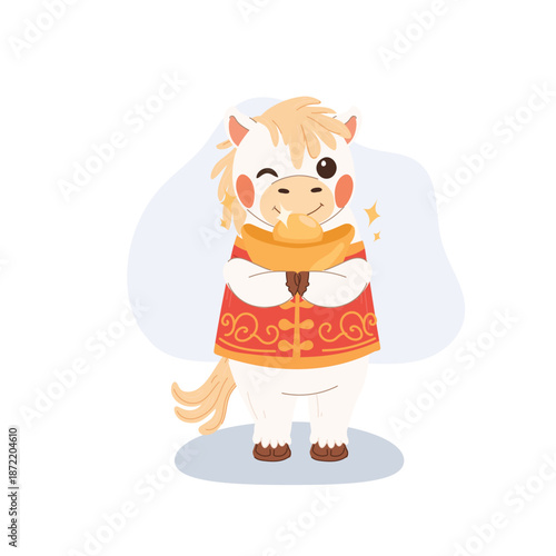 cute white horse winking while holding a gold ingot celebrating chinese new year