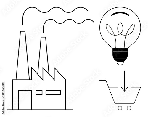 Industrial processes, energy efficiency, innovation, e-commerce, production, sustainability. Minimalist drawing of a factory, light bulb cart. Industrial and energy efficiency concepts