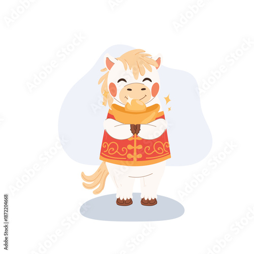 cute white horse hugging a gold ingot with eyes closed celebrating chinese new year