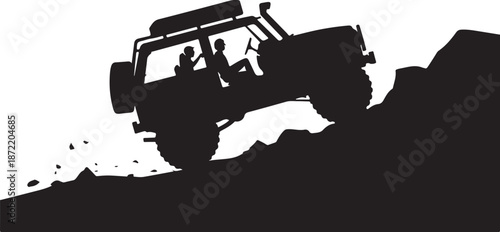 Silhouette of off-road vehicle ascending rocky terrain