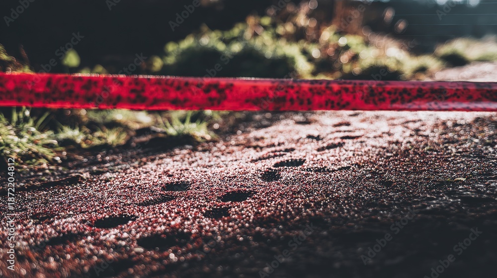 Fototapeta premium trespass. Red caution tape on ground with footprints crossing it, morning dew, soft daylight. event key visuals, club posters, designed for fitness apps and gym onboarding, supports training.