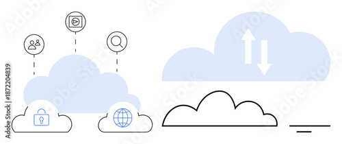 Cloud computing concept. Cloud icons depict data sharing, security measures, and global connectivity. Cloud computing for secure file sharing, remote work, and data management. Ideal for technology