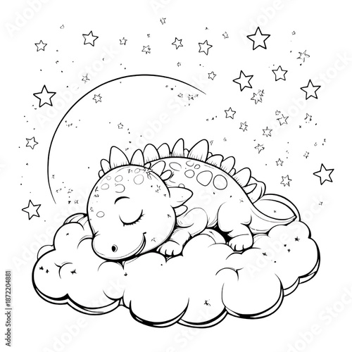 Adorable dinosaur naps on fluffy cloud under starry moon