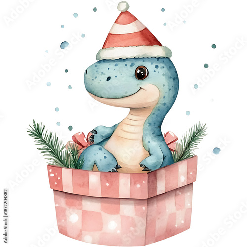 Adorable Dinosaur in Festive Hatbox Watercolor