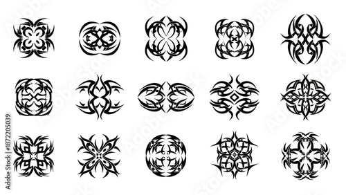 A collection of 15 tribal tattoo designs, each featuring intricate black and white abstract patterns with sharp edges and symmetrical elements.