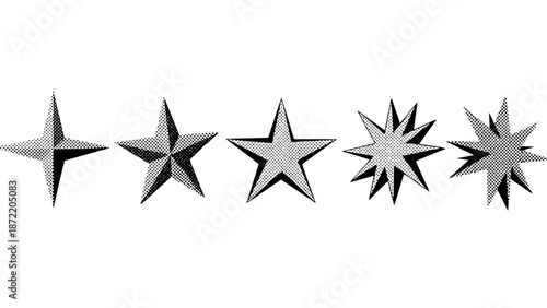 Five star shapes with varying points and styles in a row.