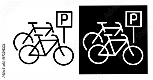 Minimal black and white bicycle parking icon set with positive and negative versions, clean line symbol ideal for signage, maps, apps, or urban transport design