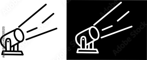 Minimal black and white cannon icon set with motion lines, showing positive and negative versions, ideal for logos, UI, military or game design icons