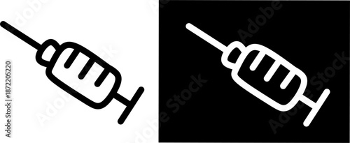 Minimal black and white syringe icon set with positive and negative versions, clean medical symbol suitable for healthcare, vaccine, app UI, or infographic use