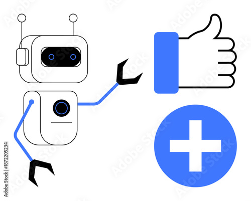 Robot technology. Robot interacting with a thumbs-up icon and plus sign, technology integration and human interaction. Robot automation, AI, robotics, digital enhancement, innovation