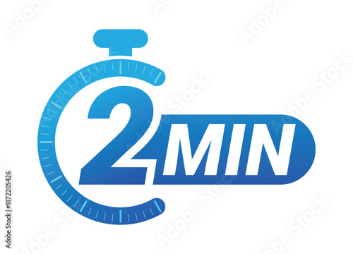 Two minutes countdown timer with stopwatch symbol on white background. Clean modern vector logo illustration for productivity and time management.