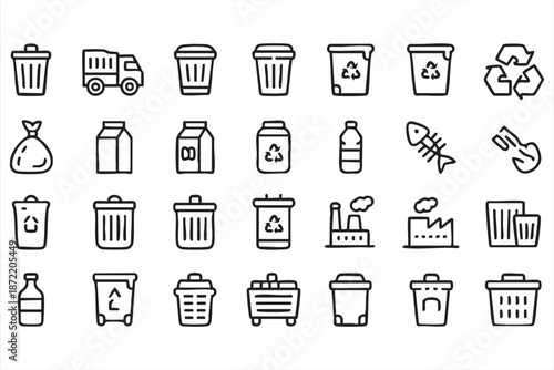 Garbage sorting line art set for municipal waste management software
