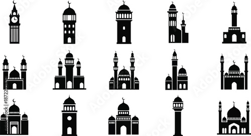 Collection of various mosque silhouettes and minarets