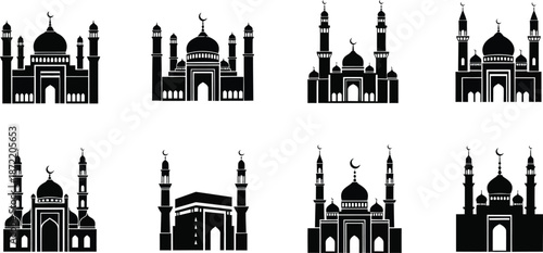 set of mosque silhouettes with domes and minarets