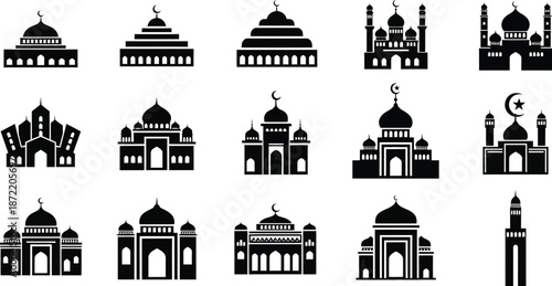 black and white silhouettes of various mosques