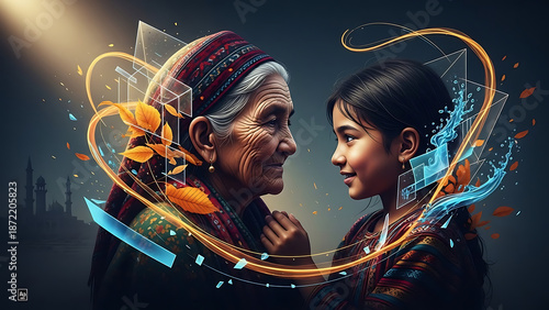 Emotional portrait of a grandmother and child sharing a warm moment representing family love and wisdom.