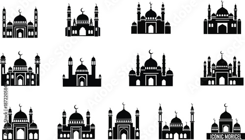 black mosque silhouettes on white background