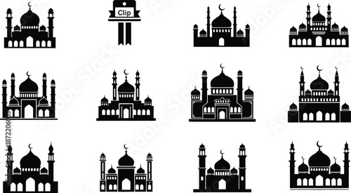 black silhouettes of various mosque buildings