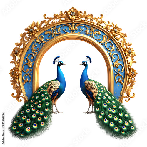 Majestic peacocks standing in ornate gold and blue archway