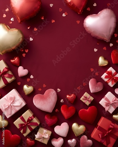 Romantic Valentine Background with Floating Hearts on Red Gradient