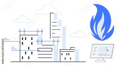 Fire safety, urban planning, technology integration, disaster response, smart systems, environmental safety. Buildings with fire icon and digital monitor. Fire safety and urban planning concept