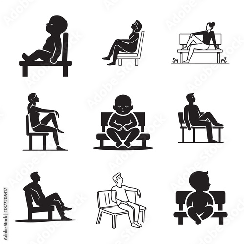 Relaxing Silhouette Person Sitting Bench Line Art Design