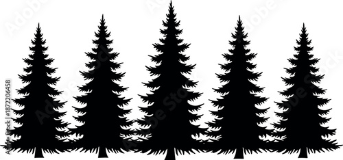 Black silhouette of a pine forest with five evergreen spruce trees isolated on a white background for minimalist nature design.