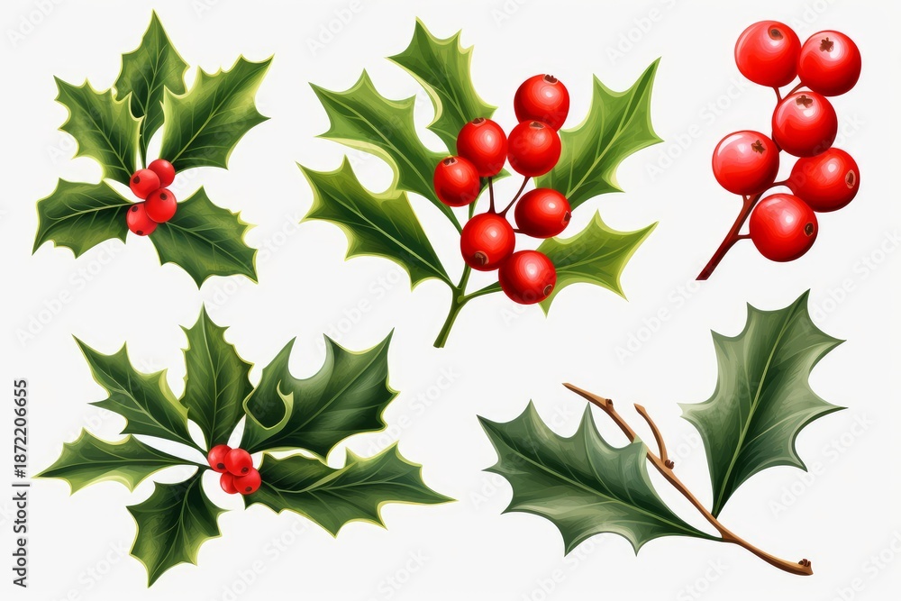 Fototapeta premium Holly leaves with red berries displaying traditional winter holiday decor elements