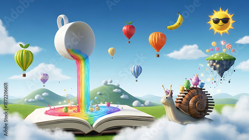 Surreal illustration of books and ideas flowing from a coffee cup symbolizing creativity and inspiration.