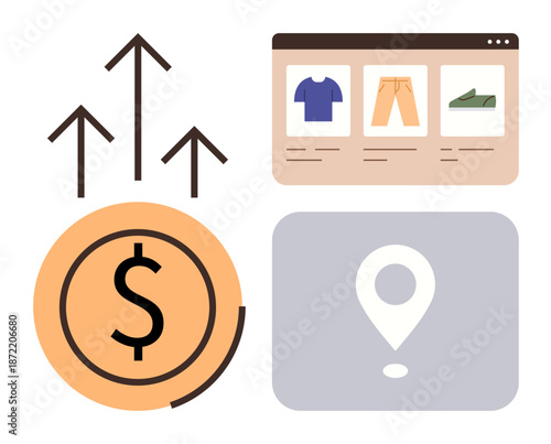 Business growth, online shopping, e-commerce optimization, sales increase, digital marketing, and logistics. Arrows pointing up, dollar sign shopping webpage and location pin. E-commerce growth