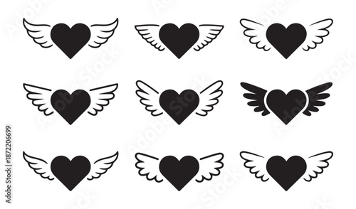 Black silhouette collection of winged hearts various styles of flying hearts symbolizing freedom romance and angelic love