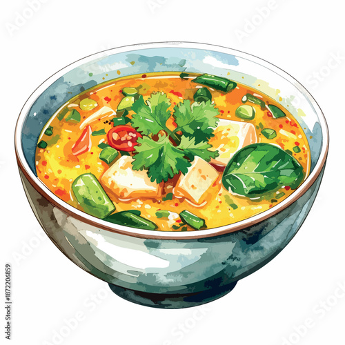 Delicious bowl of vibrant soup with tofu vegetables and herbs isolated on white background for culinary or food related projects