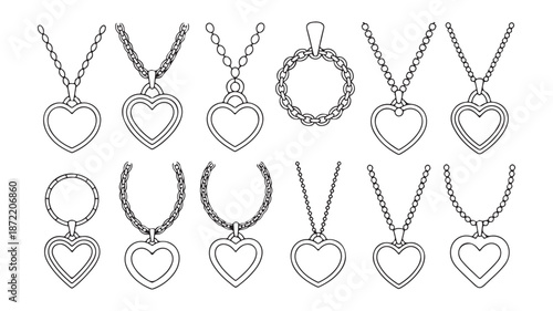 Collection of heart necklace outline, hand drawn gold wedding jewelry, valentine day symbol