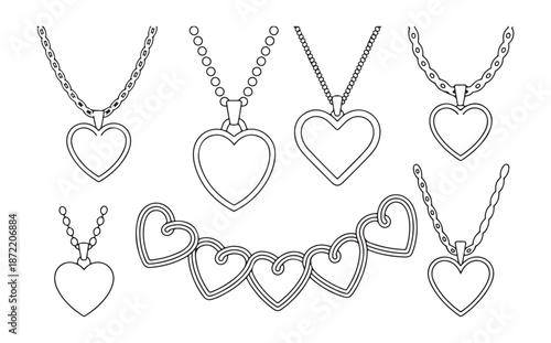 Collection of wedding heart necklace outline, hand drawn gold valentine day jewelry, symbol of love