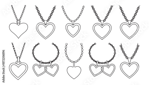 Collection of heart necklaces with various designs and chain styles on white background