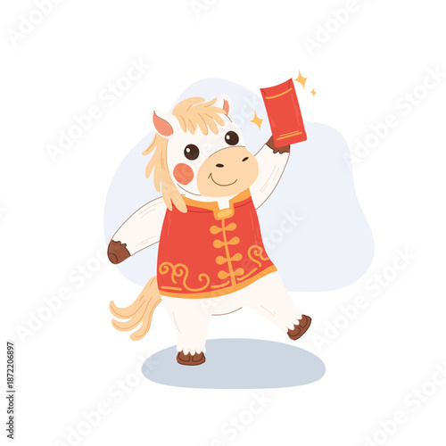 Cute cartoon horse character holding a red envelope, celebrating Chinese New Year.