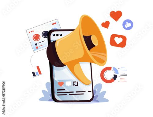 Social media marketing concept with megaphone, heart icon, dashboard analytics and engagement metrics. Social media