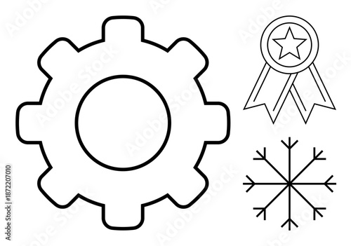 Industry, achievement, winter, mechanics, awards, cold weather. A gear, award ribbon and snowflake outline arranged separately. Industry and achievement ion for versatile usage
