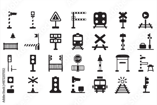 Public Transport UI Icons for Train Routes, Schedules and Safety Signals